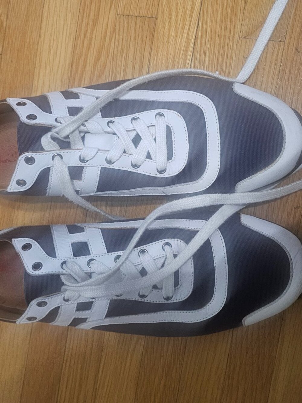 Hermes Mens Canvas Leather H Logo Low Top Sneakers Shoes EU 44 US 11 Navy White